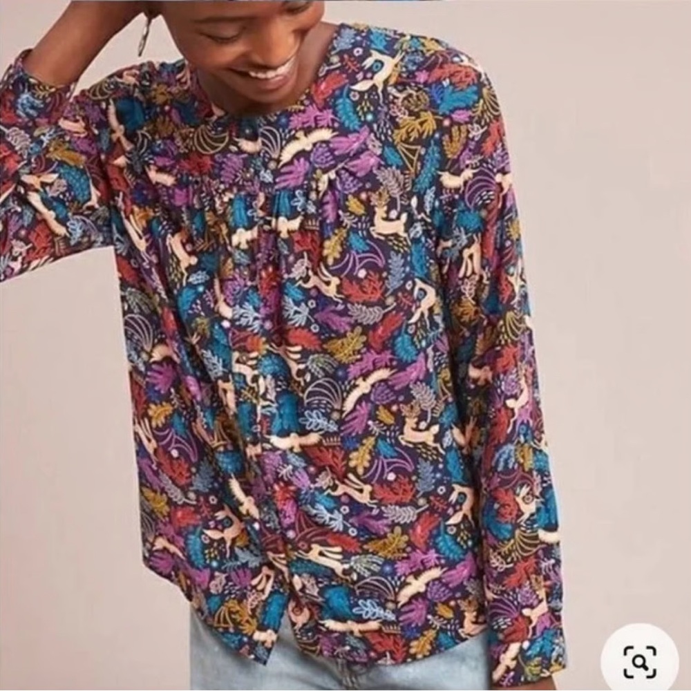 25 of 52 Conversations by Anthropologie Oh Deer Forest Friends Blouse size 6